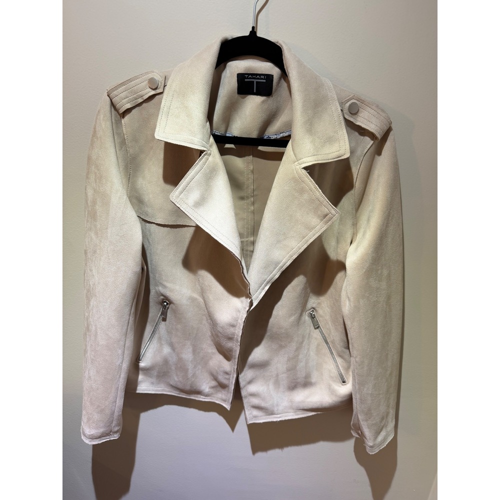 Tahari Womens Cream Beige Faux Suede Moto Jacket Floral Trim Size Large